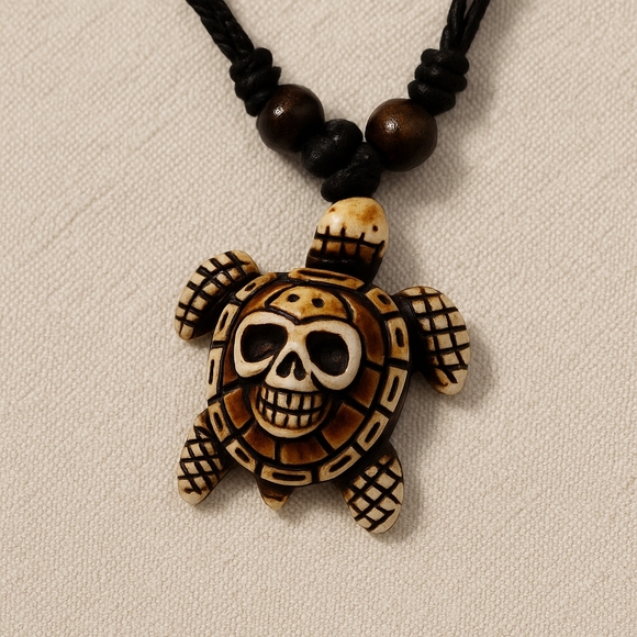 “Hand-Carved Turtle Skull Pendant Necklace — Boho Beach Tribal Jewelry” - Picture 5 of 5